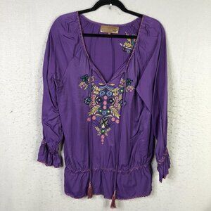 Double D Ranch Tunic Blouse Womens S Purple Embroidered Floral Boho Western